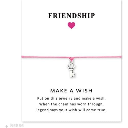 Girls Adjustable Friendship Engagement Bridesmaid Statement Jewelry Pink Cord With Card Silver Keys Charm Bracelets for Women