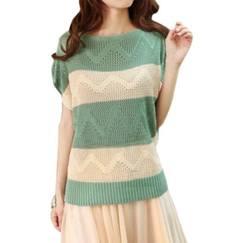 Spring Summer Korean Sweater Women short-sleeved Loose Pullover Big Yards Hollow Bat Sleeve Blouse Striped Shirt Vestidos LXJ068