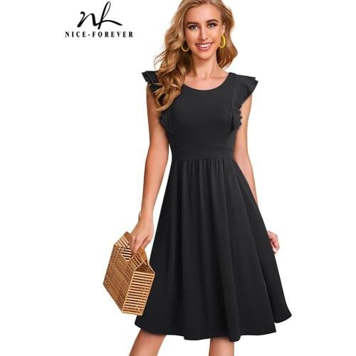 Nice-forever Summer Women Simplicity Pure Color with Ruffle Sleeve Dresses Casual Pinup Flare Swing Dress A143