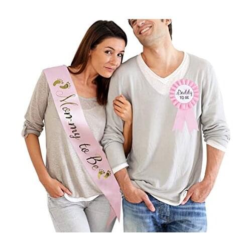 Daddy to be & Mom to be Tinplate Badge Pin - Baby Shower Button New Dad Gifts Gender Reveals Party Baby Girl Pink Rosette Button