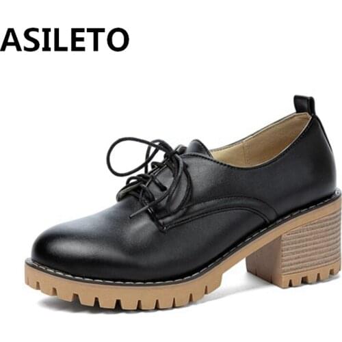 ASILETO 2021 Retro Ladies Pumps Platforms Lace Up College Style Round Toe 5CM Chunky Heel Shoes Size 33-43 Black Beige A4396