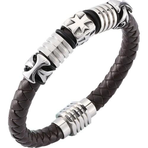 Titanium Steel Cross Bracelet Leather Bangle Braided Stainless Steel Bracelets Fashion Mens Accessories Gifts Religious Jewelry