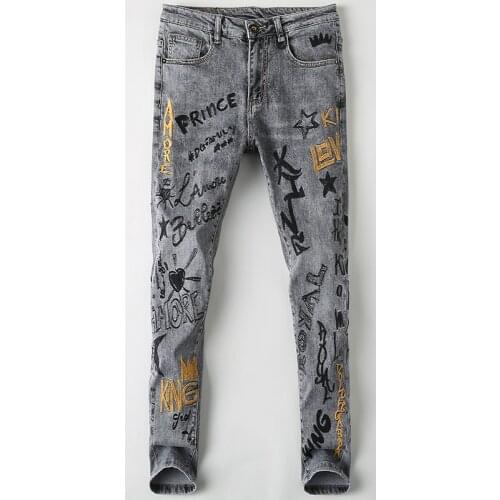 American Streetwear Fashion Men Jeans Retro Gray Elastic Slim Fit Printed Jeans Men Embroidery Designer Hip Hop Denim Punk Pants