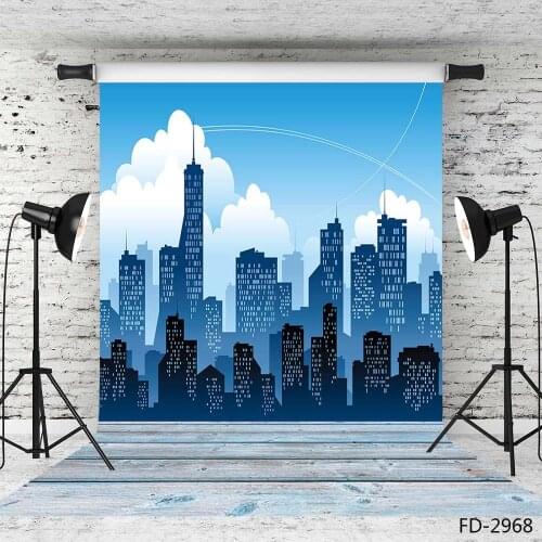 City Skyline Blue Sky Cloud Wooden Board Photography Background Baby Children Portrait Photographic Backdrops For Photo Studio