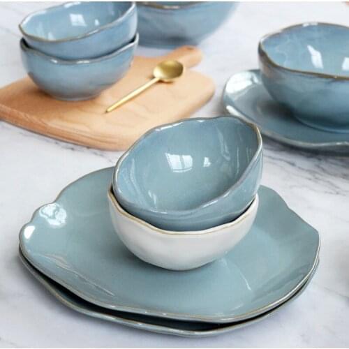 Nordic Creative Ceramic Tableware Irregular Fruit Salad Bowl Hotel Restaurant Western Food Plate Sea Blue Ceramic Dinner Set