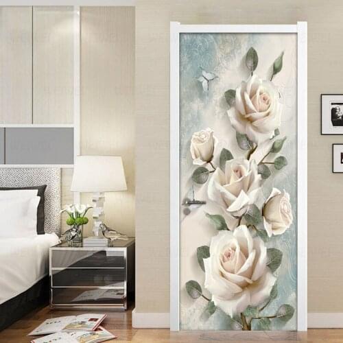Creative 3D Flowers Door Sticker Home Decor Wall Decals DIY Self Adhesive Door Wallpaper PVC Waterproof Mural Bedroom Decoration