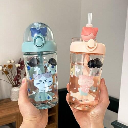 500ml Cool Cat Stirring Cup Portable Juice Sippy Cup with Lid and Straw Pop Cover Design Thickening Cup Bottom Coffee Cup