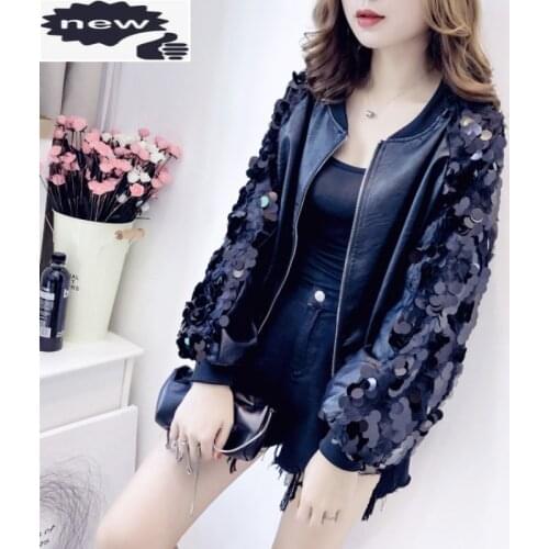 Designer New Loose Fit Sequins Womens Faux Jackets Long Sleeve O-Neck Zip Female PU Leather Casual Coats Streetwear