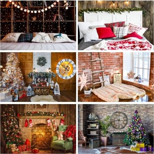 Laeacco Photo Backdrops Christmas Headboard Pillow Wooden Shelf Light Decor Bedroom Photo Backgrounds Photocall Photo Studio