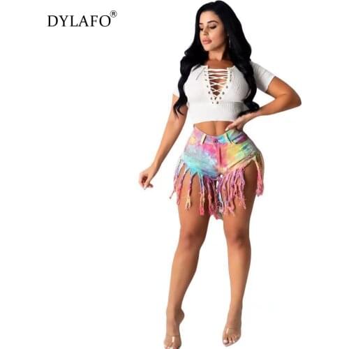 Summmer Women Tie Dyed Sexy Denim Shorts Casual Fashion Female Distressed Frayed Club Wear Tassel Colors Short Jeans Pocket