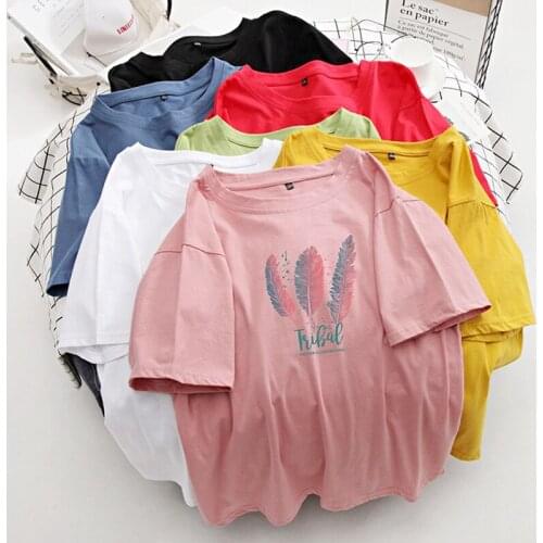 Preppy Style fashion feather printed cotton T-shirt women T-shirt summer casual short-sleeved candy color loose T-shirt tees top