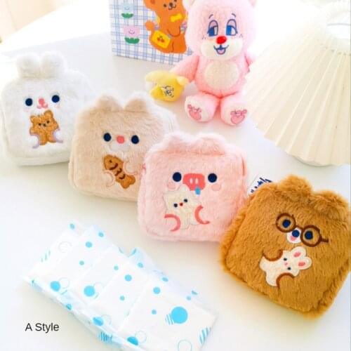 Cute cartoon sanitary cotton storage bag embroidered Cosmetic Bag Plush zipper zero Purse travel makeup pouch