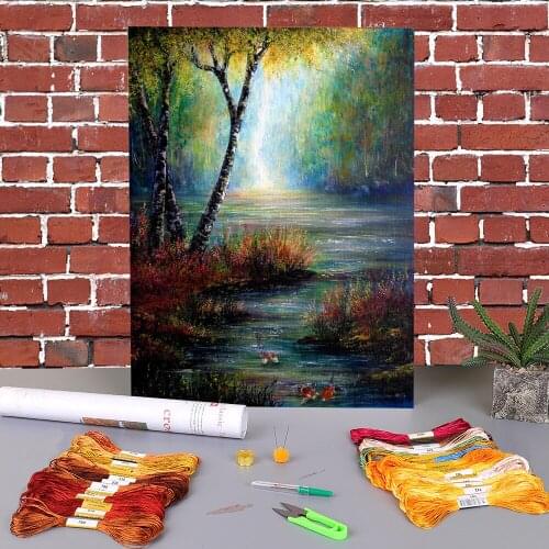Natural Scenery Koi Waters Printed Water-Soluble Canvas 11CT Cross Stitch Set Embroidery DMC Threads Hobby Knitting Counted