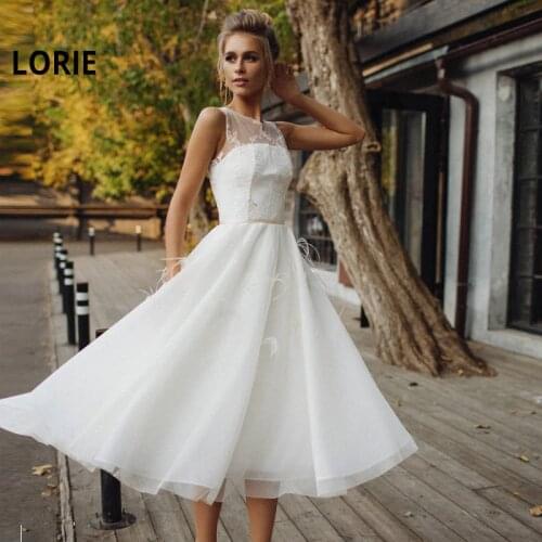 LORIE New Tea-Length Short wedding Dresses Lace Appliques Bride Dress Tulle with Feathers Wedding Gowns Custom vestido de noiva