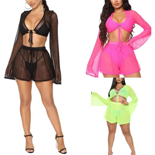 See Through Mesh Two Piece Cover Up Women Swimwear Set Sexy Tulle Midriff-baring Lace-up Smock Solid Color Perspective Shorts