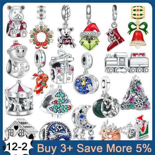 Santa 925 Sterling Silver Charm Christmas Tree Train House Bear Beads Fit Original Pandora Bracelet Jewelry Making DIY Gift