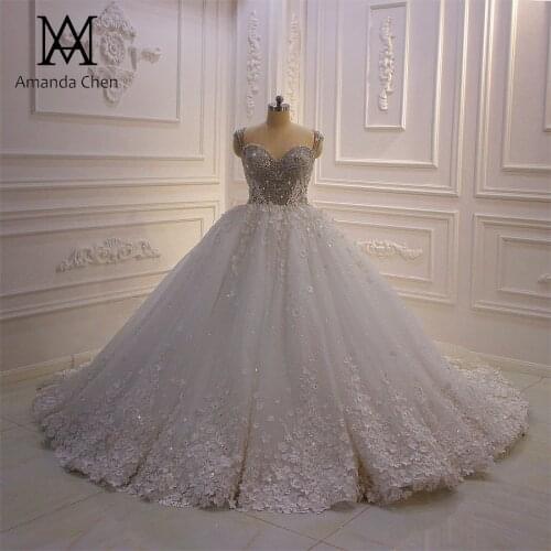Vestiti da sposa Cap Sleeve Crystal Handmade 3D Flowers Wedding Dress
