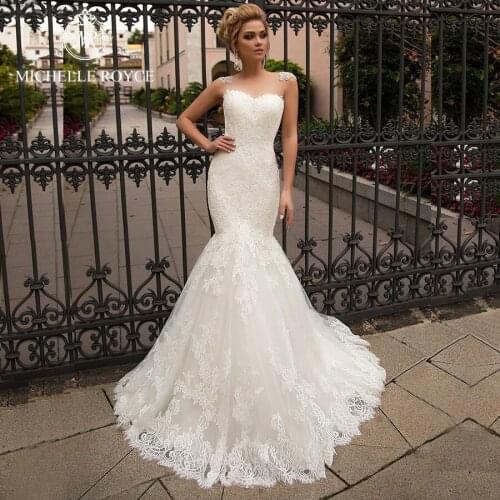 Michelle Royce Mermaid Wedding Dresses 2020 Sweetheart Illusion Button Sleeveless Chapel Train Bride Gowns Vestido De Novia