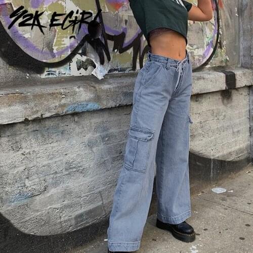 Y2K EGIRL Hip Hop Style High Waist Cargo Pants Vintage 90s Streetwear Wide Leg Demin Loosed Jeans Autumn Casual Bottoms Women