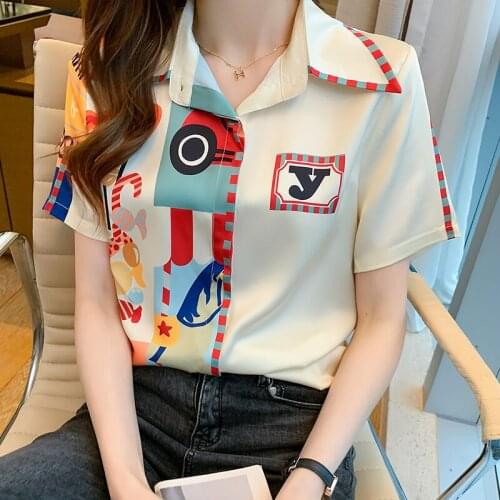 Fashion print office ladies shirts Womens blouses 2021 Summer casual short sleeve Tops Blusas Mujer