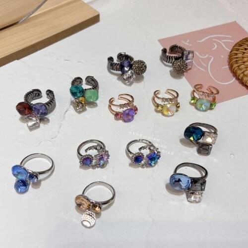 MENGJIQIAO New Sweet Moon Star Zircon Adjustable Rings For Women Girls Fashion Colorful Square Crystal Punk Party Finger Jewelry