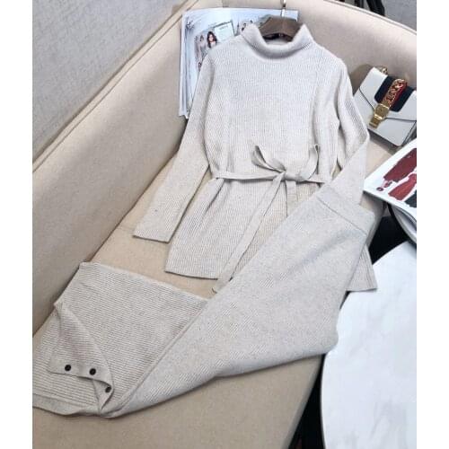 New ladies fashion 2021 suit high neck wool sweater +casual knitted wide leg trousers 2-piece set 1107