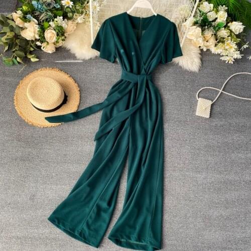 2021 Solid Spring Bandage Slim Office Rompers V Neck Summer Full Length Jumpsuit Casual Women Elegant Playsuit High Waist Romper