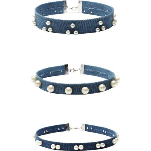 3pcs Woman Vintage Denim Fabric Choker Necklace Pearl Beads Wind Collar Gift