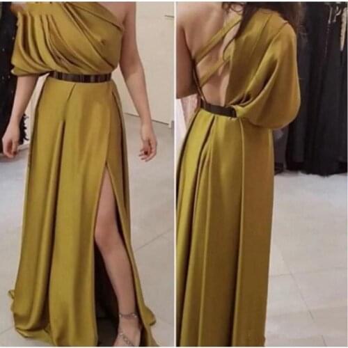 New Arrival One shoulder evening dress 2020 Robe de soiree Arabic Gold gown Formal evening dresses long Robe soiree long dress