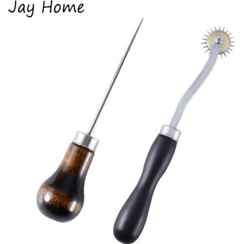 1/2Pcs Wooden Handle Gourd Awl Needle Point Tracing Wheel DIY Crafts Sewing Scratch Awl Leather Overstitch Wheel Sewing Tools