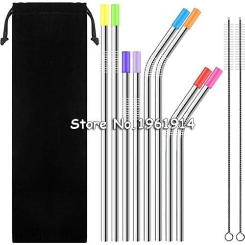 11PCS Stainless Straws Drinking Straw Stainless Steel Metal Drinking Beverage Straws Set Reusable Cleaning Brushes Kit M4