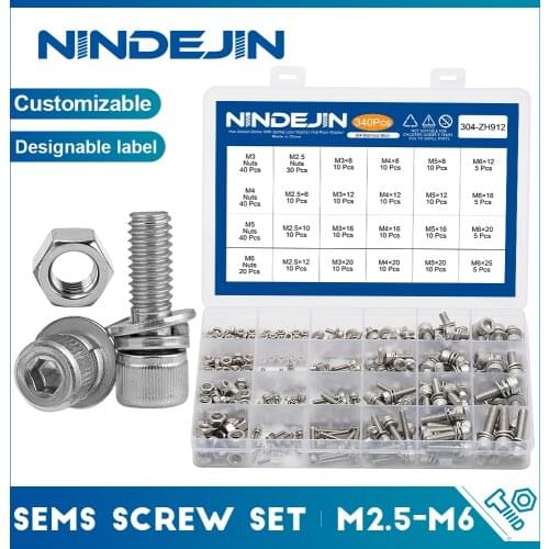 340pcs Hex Socket Head Cap Screw with Washer and Nut Three Sem Screw M2.5 M3 M4 M5 M6 Stainless Steel Three Combination Thread