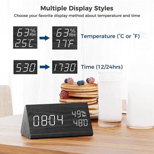 NHBR Digital Alarm Clock Electronic Humidity Temperature Detect Wood Design for Bedroom Bedside Desk Office Kids