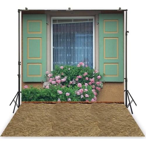Filming Backdrop Vintage Green Windows Pink Floral Background Spring Scene Photocall Studio Photo Shoot Taking Picture Wallpaper