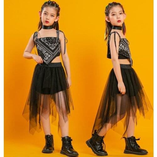 Kids Cool Punk Rock Hip Hop Clothing Black Tank Crop Tops Chocker Pleated Mesh Skirt for Girl Jazz Dance Costume Set Clothes