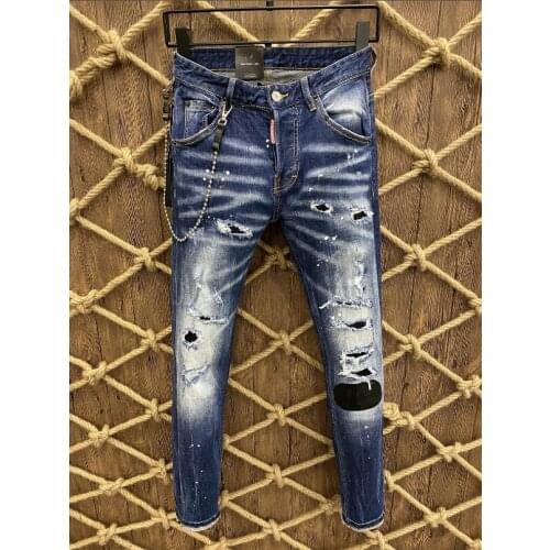 Jeans Pants Design Cool Top Jeans Men Slim Jeans Denim Trousers Blue Hole Pants Jeans For Men 9800
