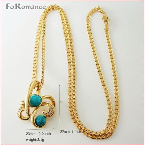 FoRomance / YELLOW GOLD GP 24" CUBAN CHAIN NECKLACE & VIVID FLOWER BLUE STONE CZ STONE PENDANT HANGS 27 MM 1"