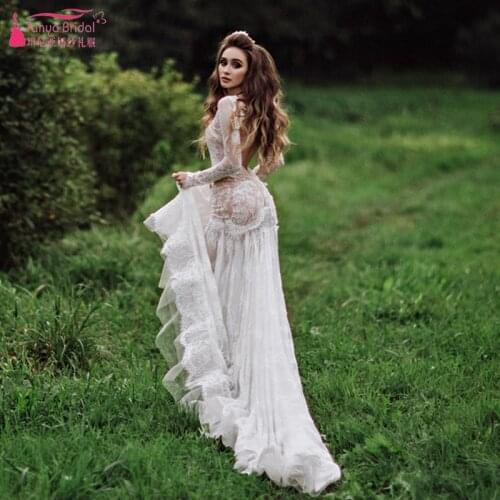 Sexy Boho Wedding Dresses Long Sleeve Lace Bridal Gowns Illusion Special Cut Symphony Meticulously Vestido De Noivas ZW201