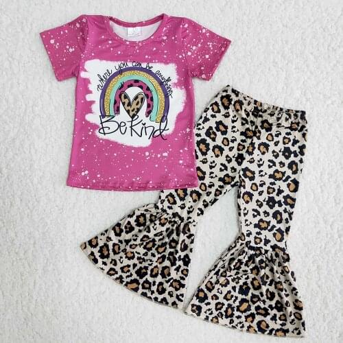 Best Selling Kids Boutique Short Sleeve Outifts Girl Rainbow Printed T-Shirt Bells 2Pieces Set Toddlers Clothes With Leopard