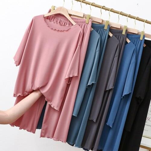 Sleepwear pijama Pajama pyjamas women Modal ice silk short sleeve T-shirt + pants 2 pieces set female spring summer thin