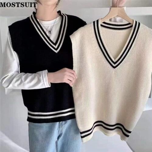 Casual V-neck Women Knitted Pullovers Autumn Loose Sleeveless Female Striped Vests Sweaters Ladies Tops 2021
