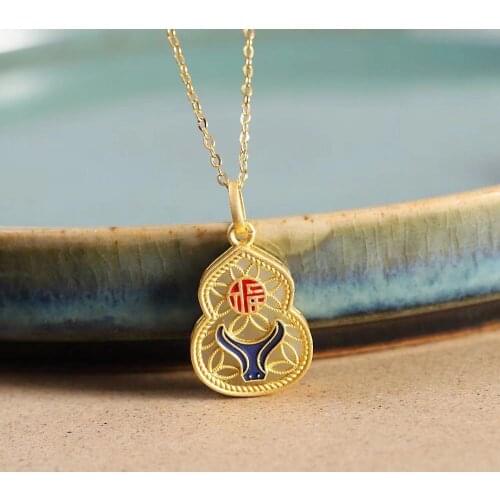 S925 Sterling Silver Gold-Plated Natural Hetian White Jade Gourd Jade Pendant Fashion Womens Minimalism Retro Personality Neck