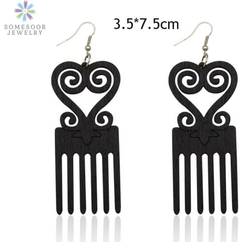 SOMESOOR Black African Symbol Comb Design Wooden Drop Earrings Afrocentric Ethnic Vintage Wood Dangle Jewelry For Women Gifts