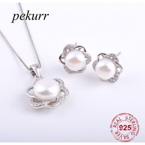 Pekurr 925 Sterling Silver Zircon 6 Round Arc Freshwater Natural Pearl Earrings Necklace Sets For Women Atomic Model Pendants