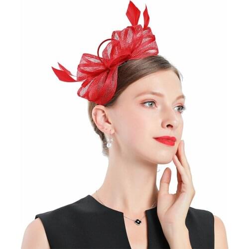 Fashion Fascinator Hats Women Elegant Feather Red Linen Bow Cap Royal Banquet Headdress Bridal Wedding Church Gifts Woman Caps