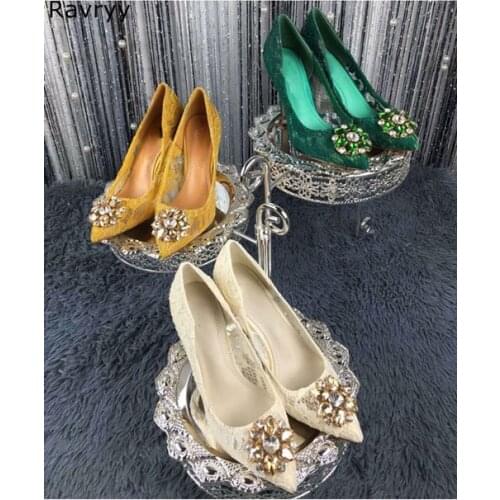 Wedding Shoes woman green lace high heel bling bling crystal decor sexy pumps pointed toe slip-on feamle stiletto dress shoes