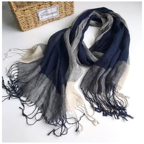 Japanese Style navy linen Mens Scarf Fashion Brand Mixed Colors Scarf Spring Autumn Warm Soft Shawls Linen Tassel Scarves