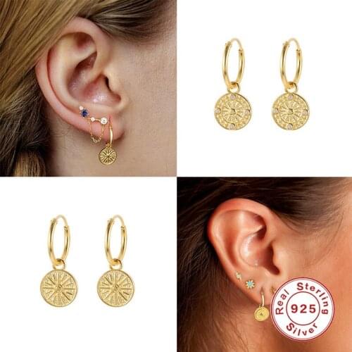 Aide Boho Hippie Medallion S925 Sterling Silver Earrings Hoops For Women Girl Pendientes Plata 925 10mm Huggie Earrings Aretes