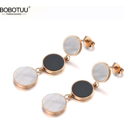 BOBOTUU Fashion Stainless Steel 3Pcs Disc Dangle Earrings For Women Girls White Shell & Black Acrylic Bohemia Earrings BE19183