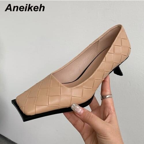 Aneikeh NEW 2021 Spring TOTEM Women Shoes Fashion Party Casual Sweet Slip-On Thin Heels Square Toe Pumps Classics PU Size 35-39